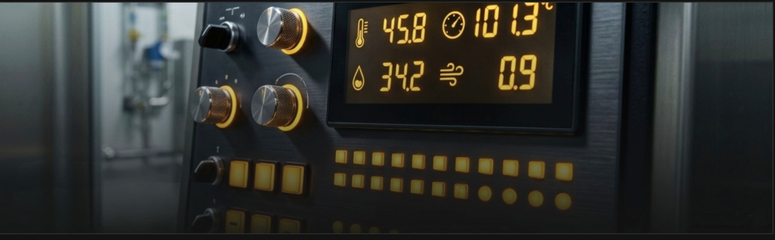 Pharmaceutical coating machine control panel with digital displays for process monitoring and SOPs