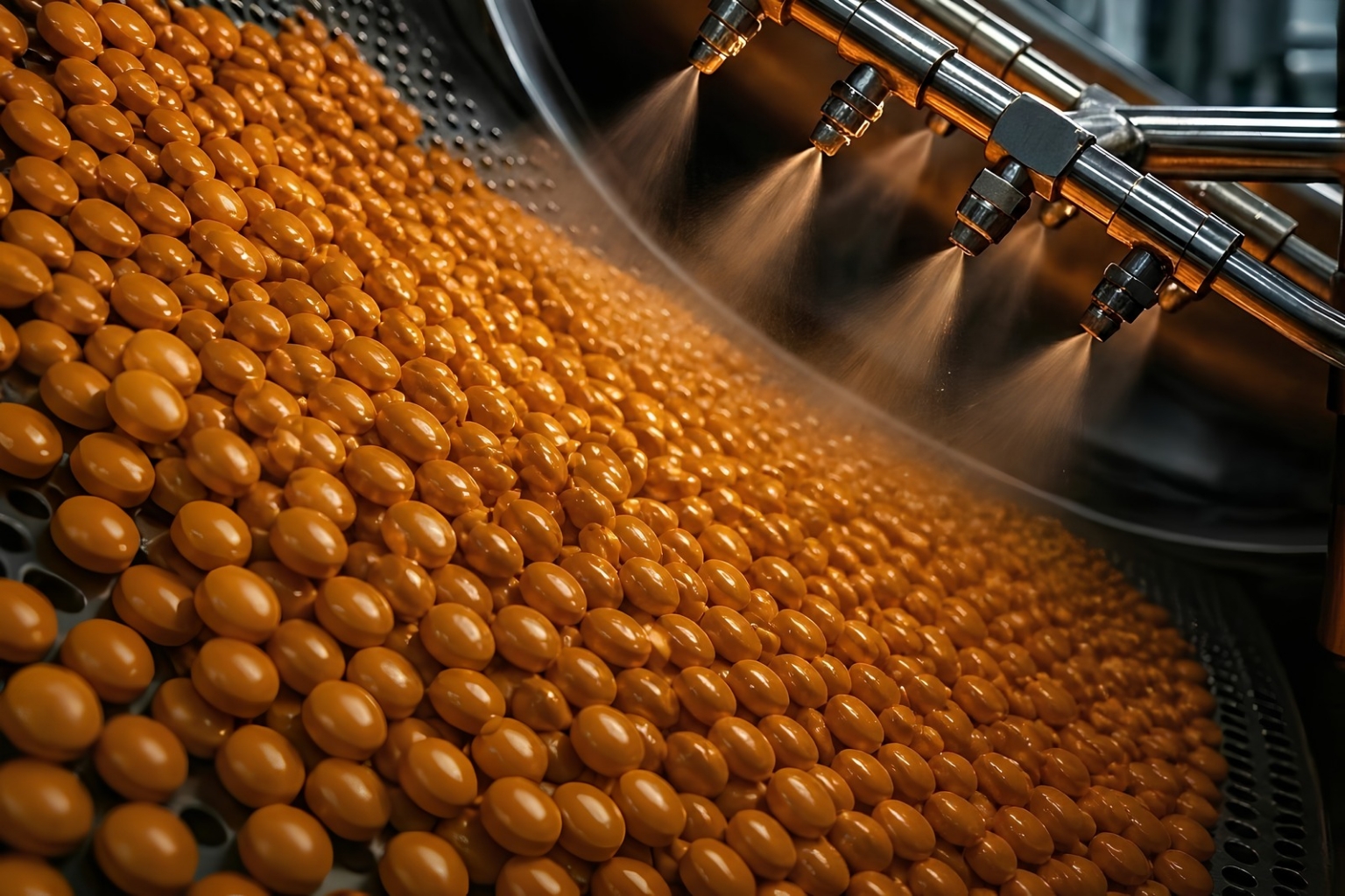 Golden pharmaceutical pills rolling inside tablet coating drum - batch execution uniformity